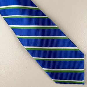 Haines & Bonner London Mens Silk Tie Blue Green White Striped Hand Made Ribbede